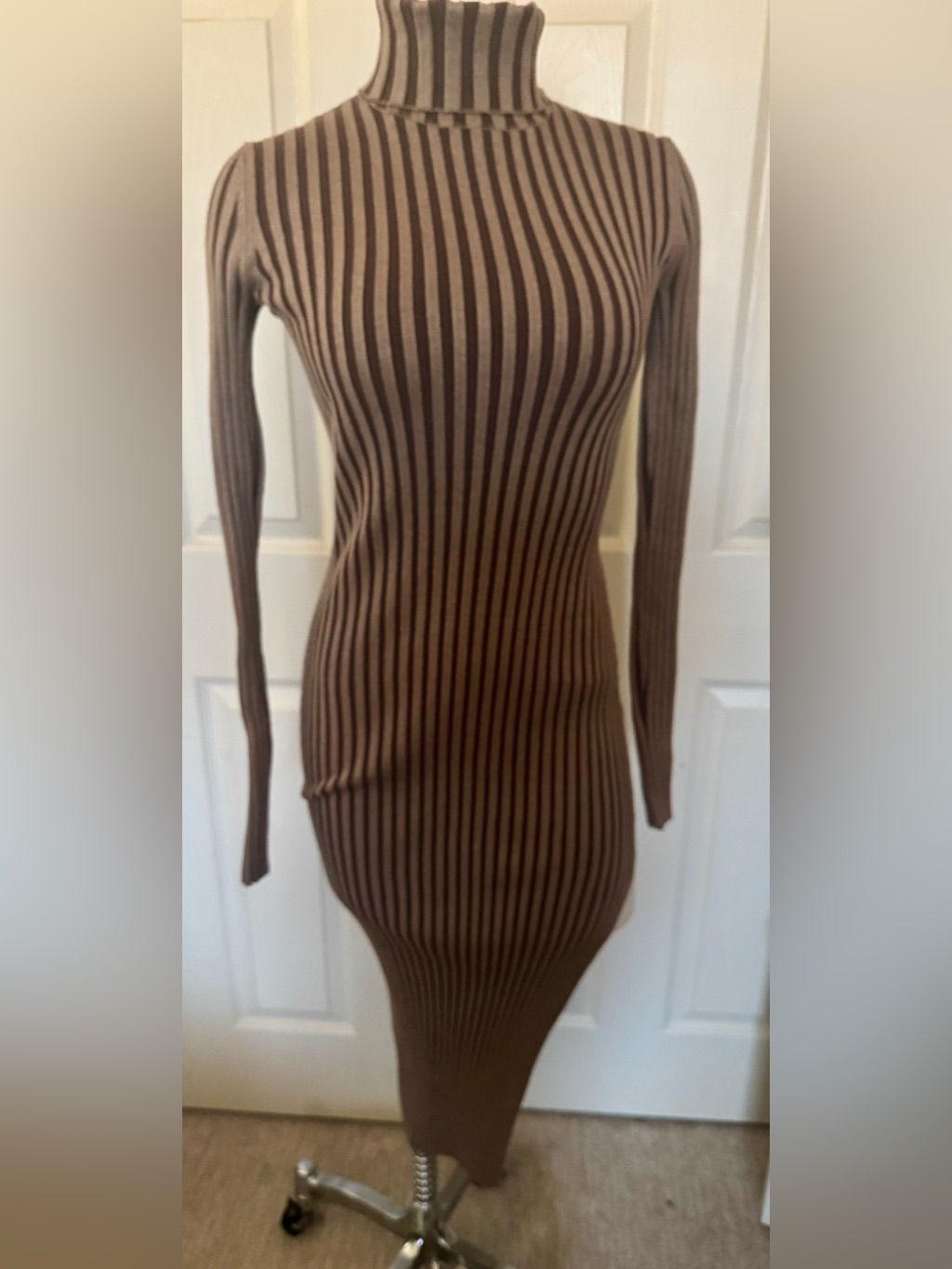 Torn By Ronny Kobo Brown And Dark Brown Striped Turtleneck Midi Dress